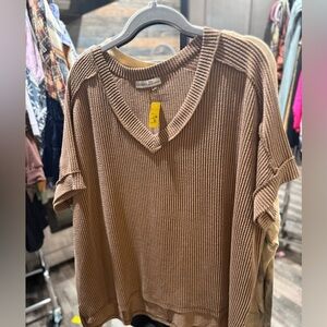 Zenana Brown Ribbed Knit V-Neck top